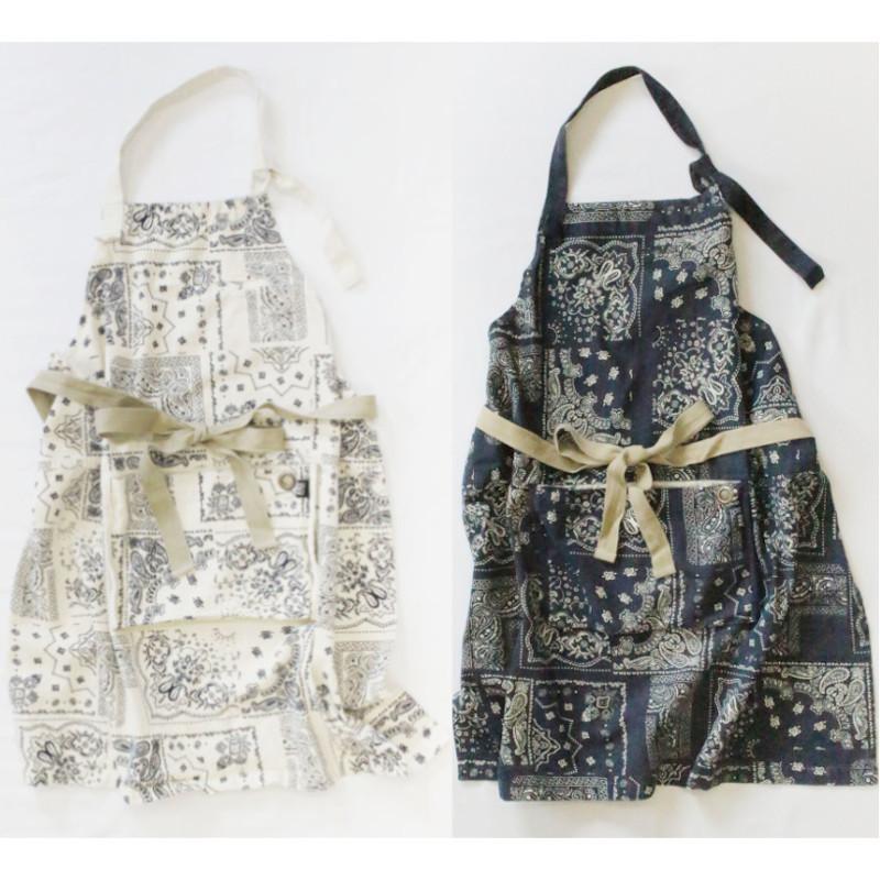 エプロン バンダナ柄 綿 ホワイト/ネイビー ドレスエプロン ワンピエプロン コットンエプロン テクノプライム  ギフト | ブランド登録なし
