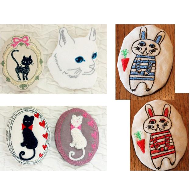 刺繍のファブリッククッションブローチ ねこ他 ハンドメイド