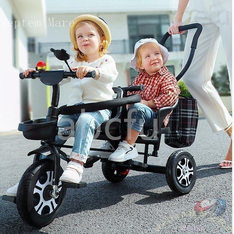 二人乗り 三輪車 ベビーカー 双子用 子供用自転車 補助棒付き 両点 