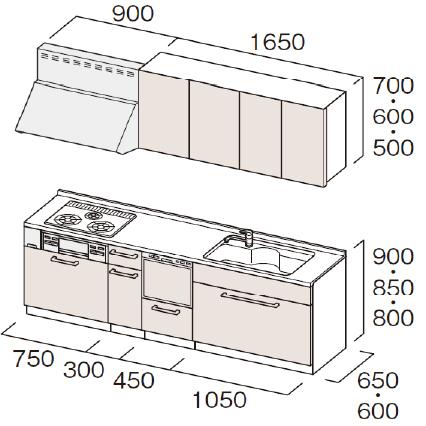 トクラス　システムキッチン　Bb　大引出しタイプ　扉グレードE／C　食洗機付プラン　間口2550　メーカー直送　I型