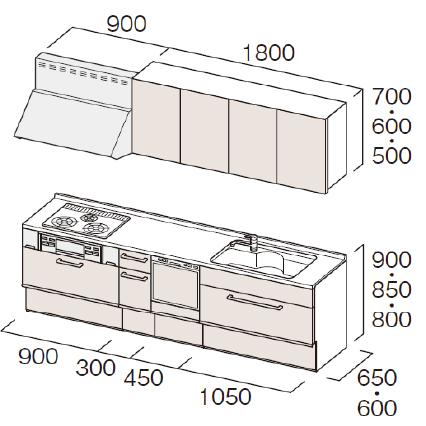 トクラス　システムキッチン　Bb　食洗機付プラン　フロアスライドプラン　間口2700　扉グレードD／S／Q／N／Y／Z　I型　メーカー直送