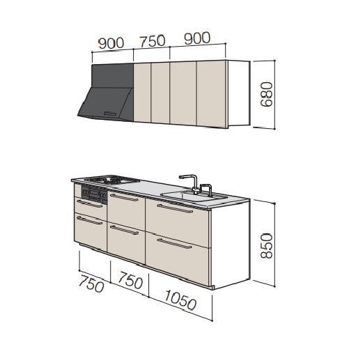 システムキッチン　ザ・クラッソ　TOTO　扉グループ5A・5B　I型　奥行65cm　間口255cm　2550mm　メーカー直送　基本プラン