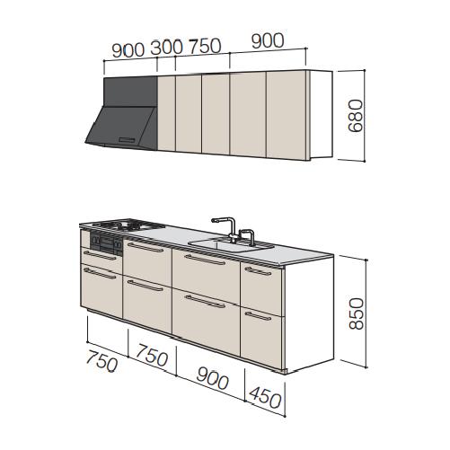 システムキッチン　ザ・クラッソ　TOTO　メーカー直送　扉グループ4A・4B1・4B2　奥行65cm　2850mm　間口285cm　基本プラン　I型