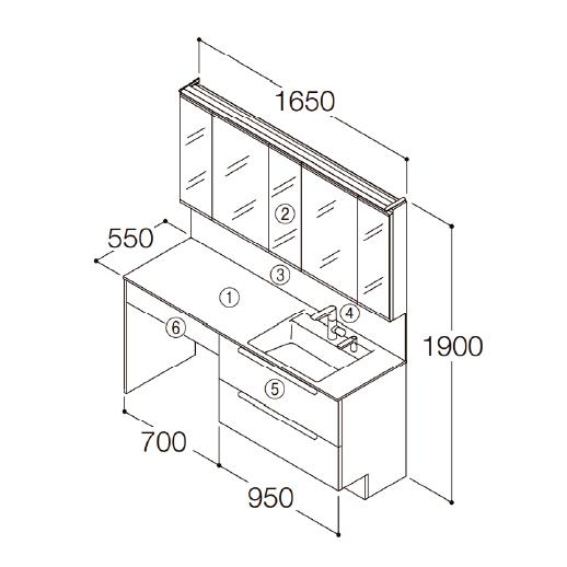 洗面化粧台 エスクア 間口1650mm TOTO [ESCUA05] ミラーキャビネット五