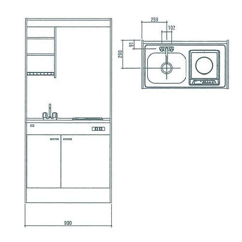 亀井製作所　ミニキッチン　上下セット　間口900mm　メーカー直送　Mini(ミニ)　2バルブ混合水栓　L)]　[FK090DTGB(R　1口ガス　納期2週間