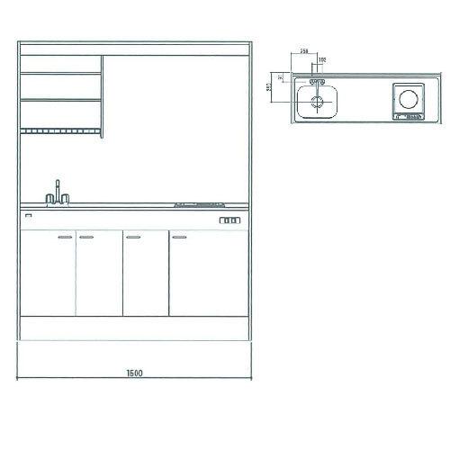 亀井製作所　ミニキッチン　上下セット　Mini(ミニ)　[FK150DJTB(R　L)]　間口1500mm　2バルブ混合水栓　メーカー直送　1口100VIHヒーター　納期2週間