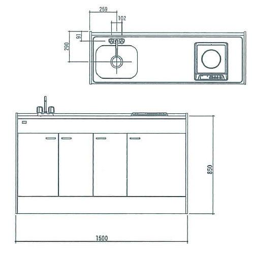 亀井製作所　ミニキッチン　ハーフタイプ　Mini(ミニ)　L)H]　1口100VIHヒーター　メーカー直送　間口1500mm　2バルブ混合水栓　[FK150DJTB(R　納期2週間