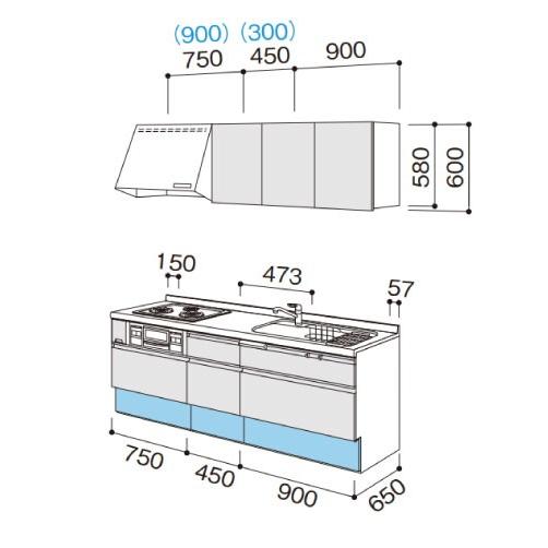 パナソニック　システムキッチン　ラクシーナ　W2100　シルバー色ストッカー　壁付I型　メーカー直送　奥行65cm　扉グレード30