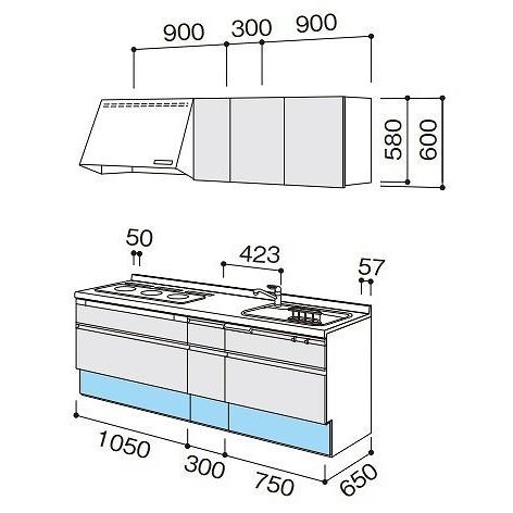 パナソニック　システムキッチン　ラクシーナ　間口2100　メーカー直送　奥行65cm　扉グレード40　トリプルワイドIH　シルバー色ストッカー　I型