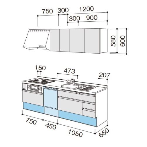 パナソニック　システムキッチン　ラクシーナ　食洗付　扉グレード10　奥行65cm　W2250　壁付I型　メーカー直送　シルバー色ストッカー