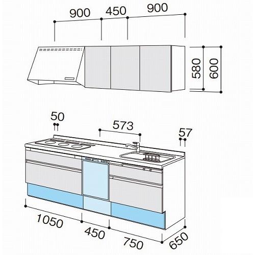 パナソニック　システムキッチン　ラクシーナ　トリプルワイドIH　間口225cm　メーカー直送　I型　食洗付　奥行65cm　扉グレード50　W2250　シルバー色ストッカー