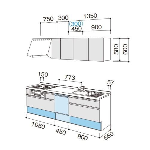 パナソニック　システムキッチン　ラクシーナ　メーカー直送　奥行65cm　扉グレード20　食洗付　W2400　シルバー色ストッカー　壁付I型