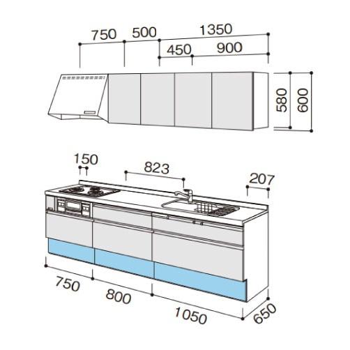 パナソニック　システムキッチン　ラクシーナ　W2600　シルバー色ストッカー　奥行65cm　扉グレード40　壁付I型　メーカー直送