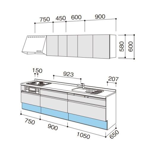 パナソニック　システムキッチン　ラクシーナ　W2700　メーカー直送　扉グレード30　シルバー色ストッカー　奥行65cm　壁付I型