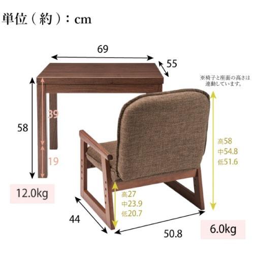 こたつテーブル おひとり様こたつ 椅子・掛け布団付き 69×55cm 長方形 