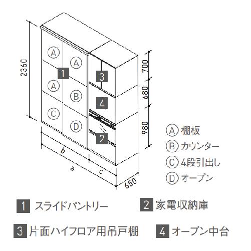 ステディア　食器棚　スライドパントリー＋扉付トール家電収納庫プラン　奥行65cmハイタイプ　195　クリナップ　210cm　class4　間口165　180　メーカー直送