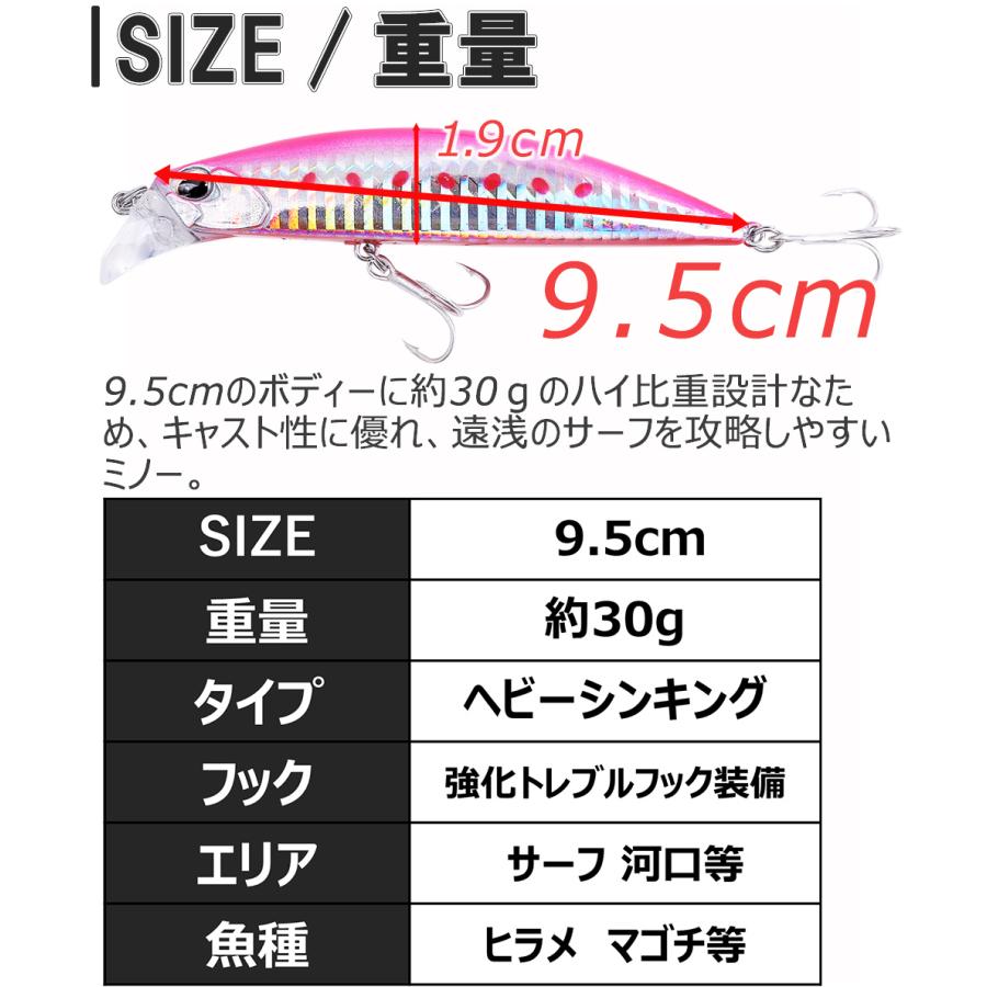 サーフルアー 4個セット|ヘビーシンキング ミノー 9.5cm 30g フック装備|ヒラメ マゴチ｜contyu｜07