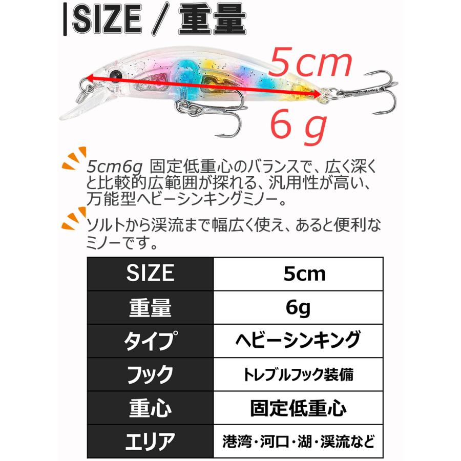 汎用ルアー 6個セット | ヘビーシンキング ミノー 5cm 6g ソルト 淡水 渓流 トラウト シーバス バス｜contyu｜08