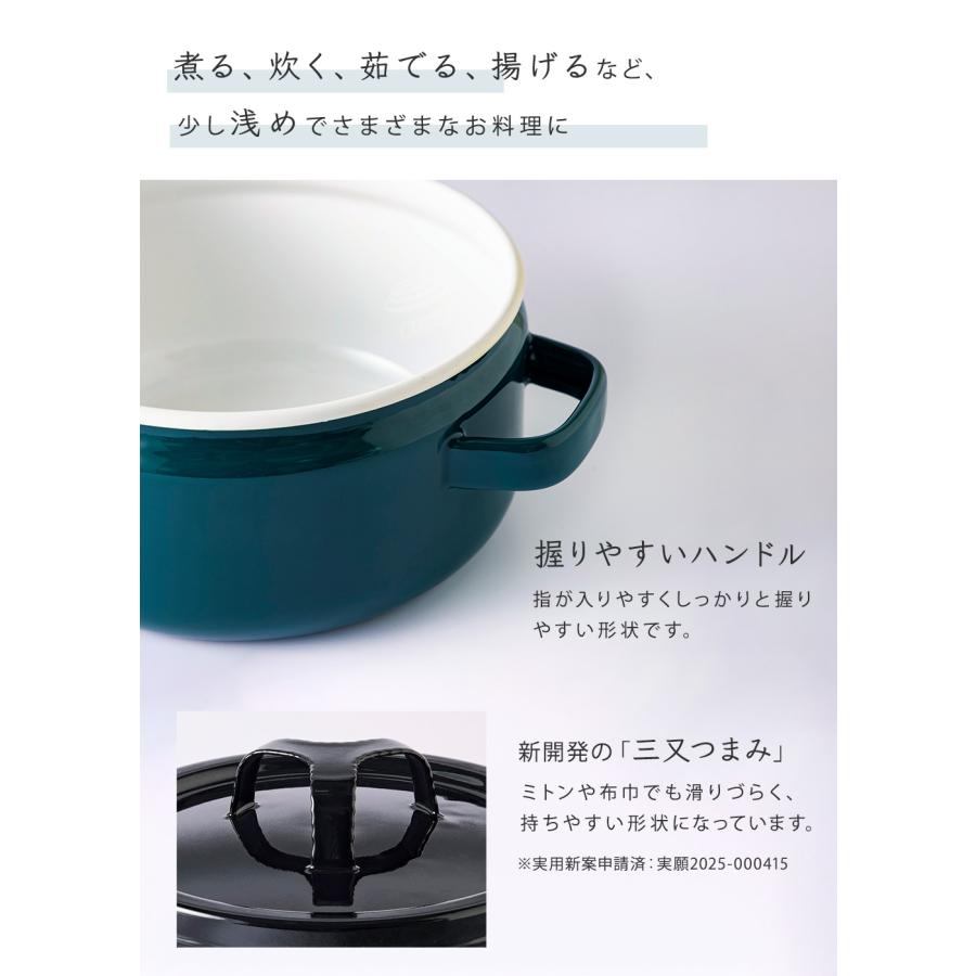 富士ホーロー 匠シリーズ 両手鍋 20cm 3L 浅型 ホーロー フタ付き ガス