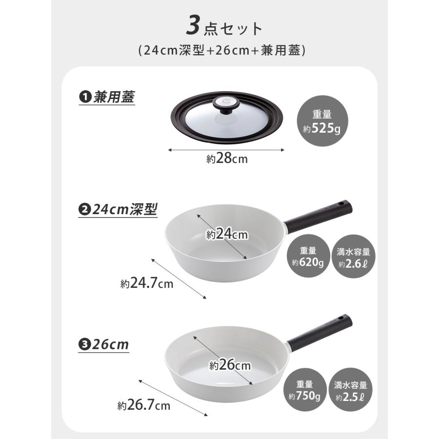 セラミックフライパン トライミー 3点セット 深型24cm 26cm 兼用蓋