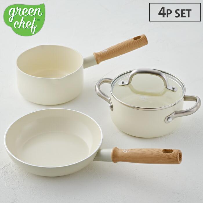 グリーンシェフ ビンテージ ホワイト 4点セット ソースパン16cm キャセロール16cm フライパン20cm ガラス蓋16cm IH対応