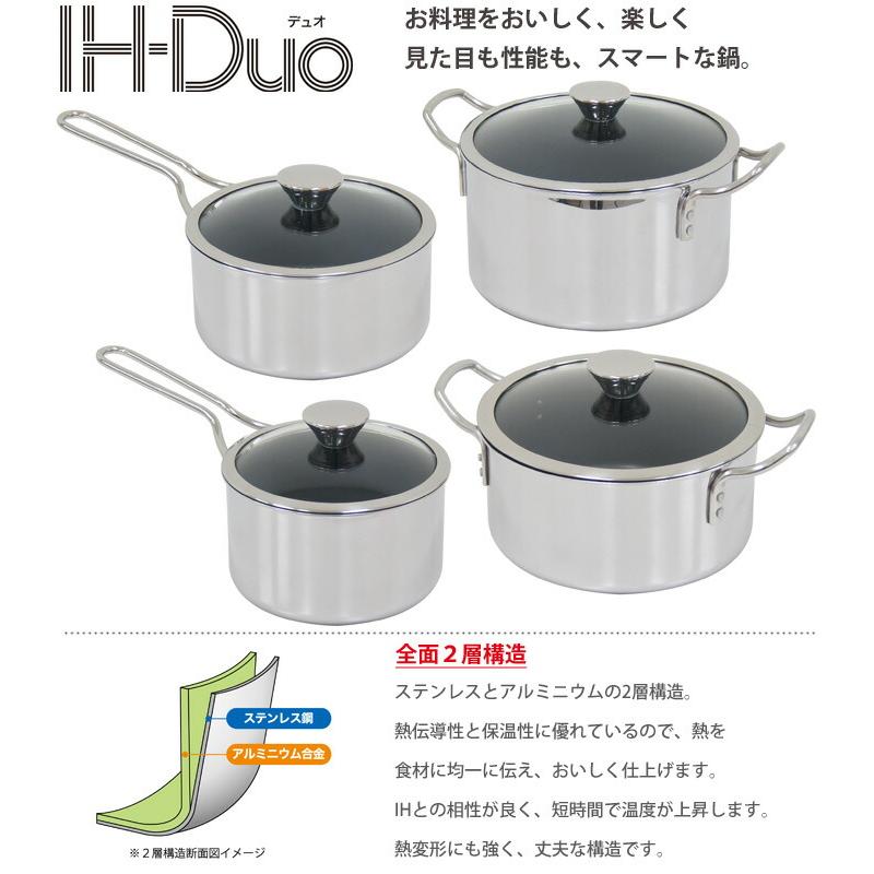 ウルシヤマ金属工業 IH Duo デュオ 両手鍋 20cm ガラス蓋付き IH対応