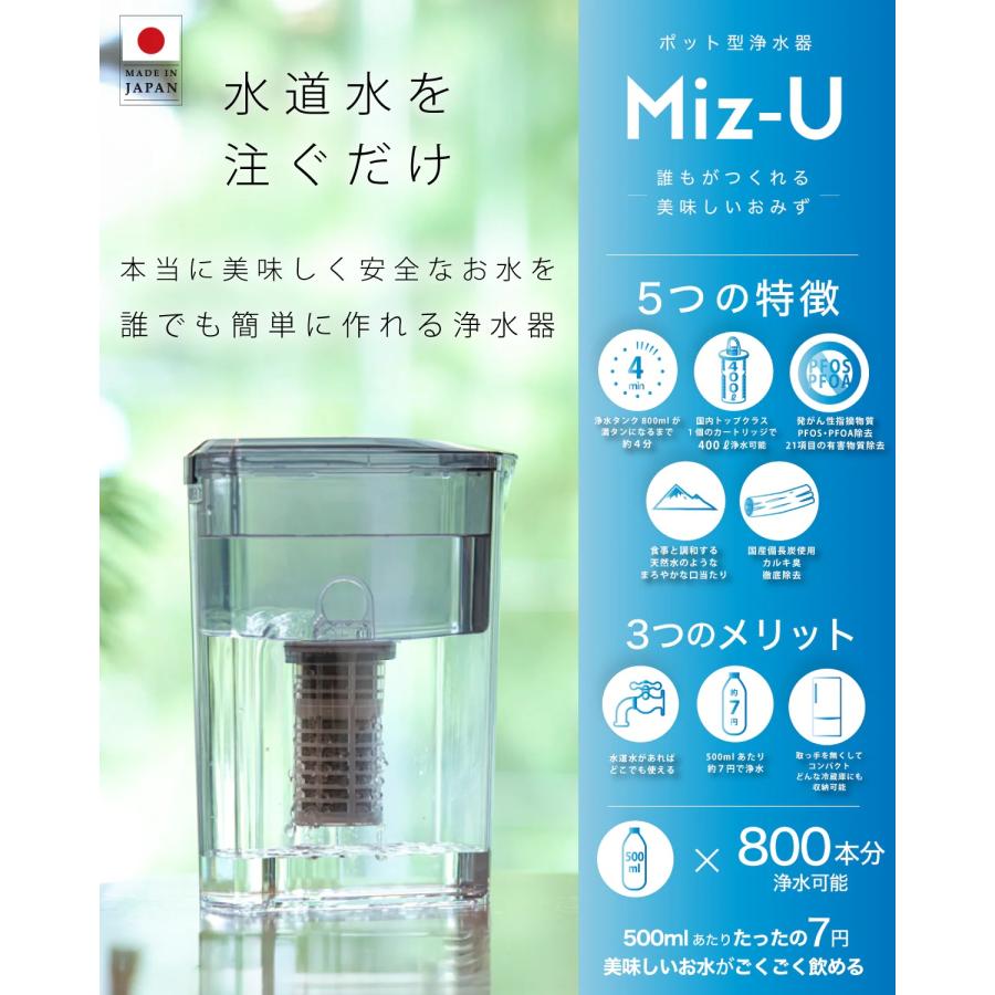 ポット型浄水器 Miz-U ミズユー フィルターカートリッジ1本付き ろ過