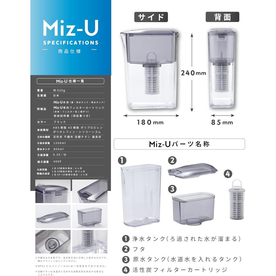 ポット型浄水器 Miz-U ミズユー フィルターカートリッジ1本付き ろ過