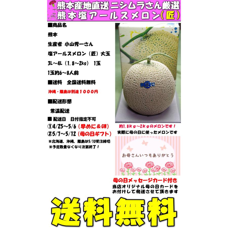 メロン 母の日 ギフト プレゼント 塩 アールスメロン 匠 大玉 1玉 3L〜4L 約1.8〜2kg 糖度15度 熊本 産地直送｜cooksanchoku｜13