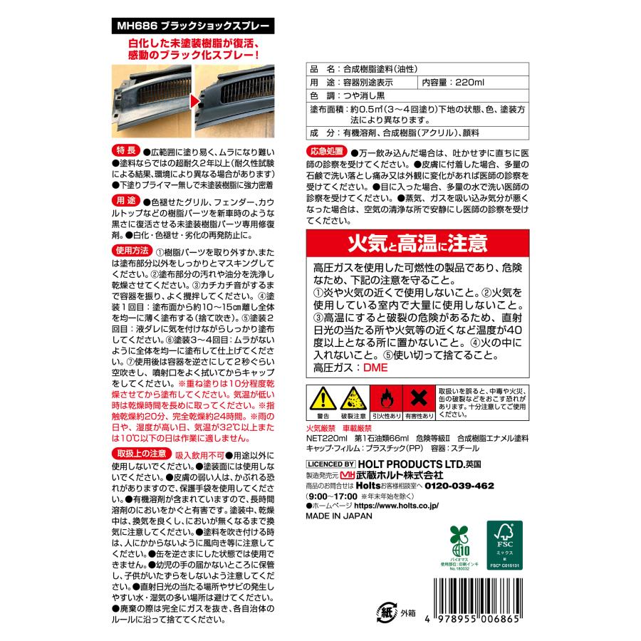 ブラックショックスプレー 自動車 黒樹脂 復活 塗装 修復 ホルツ 220ml