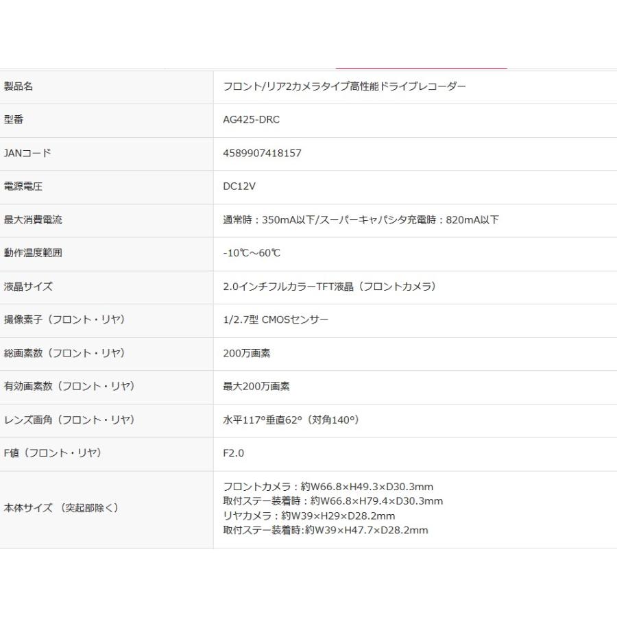 ドライブレコーダー ドラレコ 2カメ フロント リア 200万画素 駐車