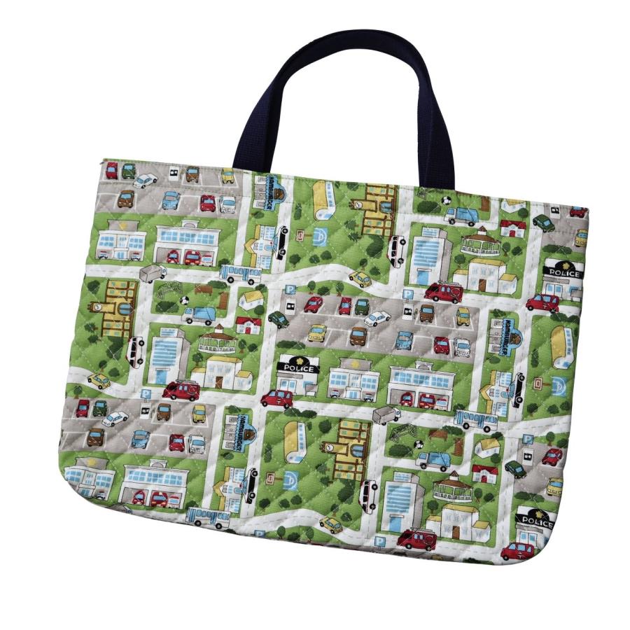 レッスンバッグ くるま と道路 グリーン 男の子 キルティング A4