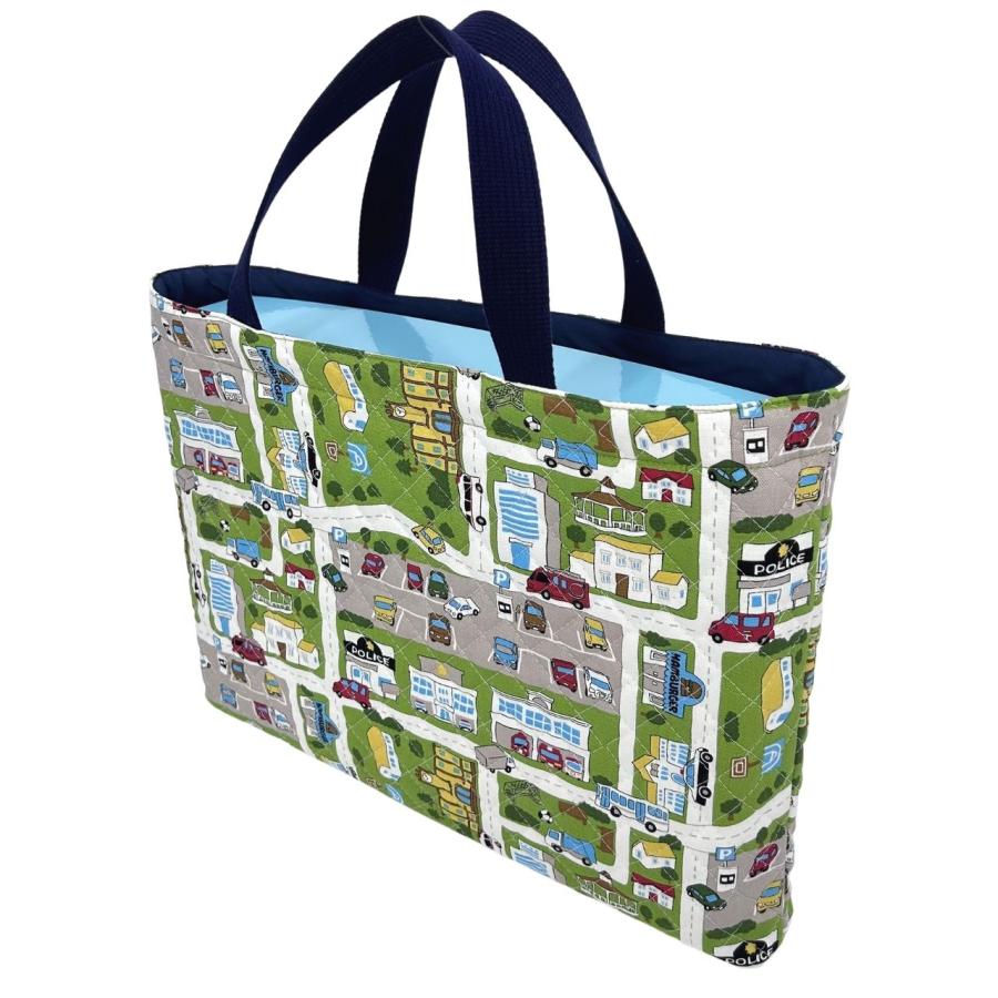 レッスンバッグ くるま と道路 グリーン 男の子 キルティング A4 B4