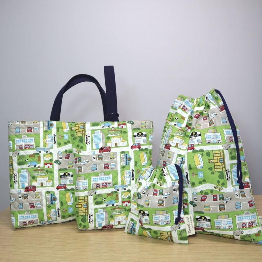 レッスンバッグ くるま と道路 グリーン 男の子 キルティング A4