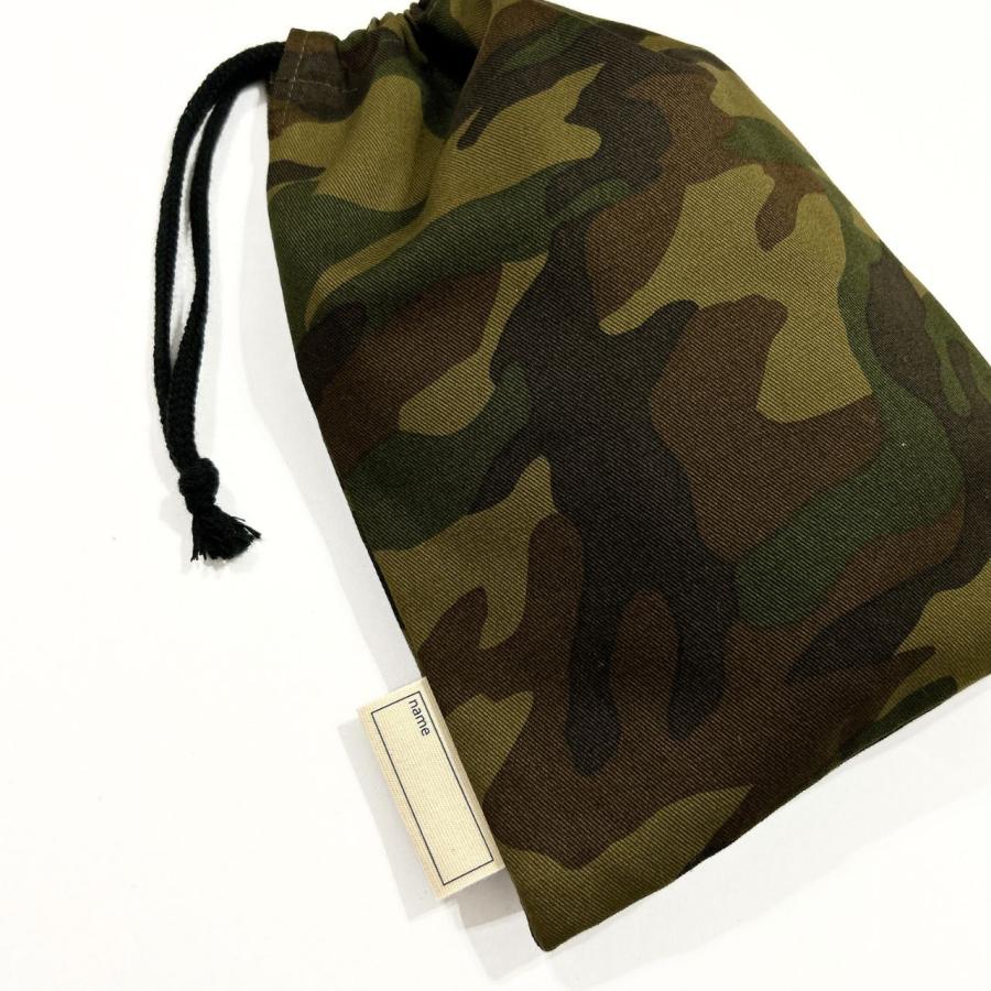 巾着袋 中 給食袋 縦長 迷彩 カーキ マスク入れ お箸セット入れ
