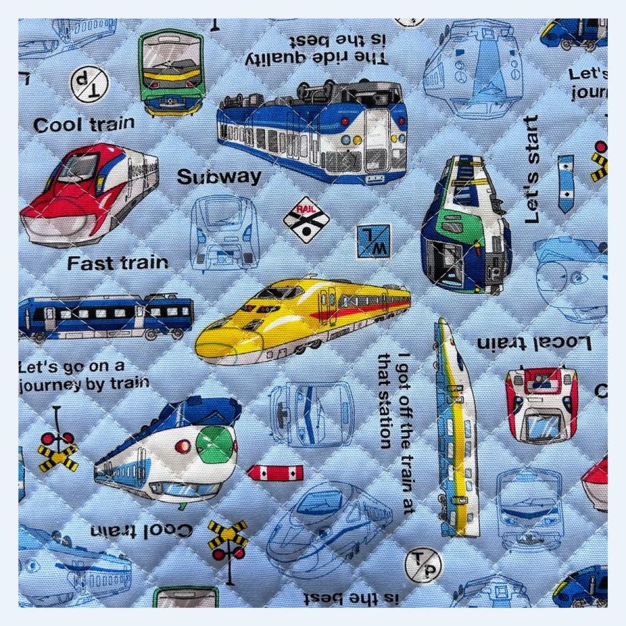 ハンドメイド オーダー レッスンバッグ 巾着 電車 のりもの 男の子 水色 キルティング 生地 電車 ライトブルー 入園入学 バッグ 手作り