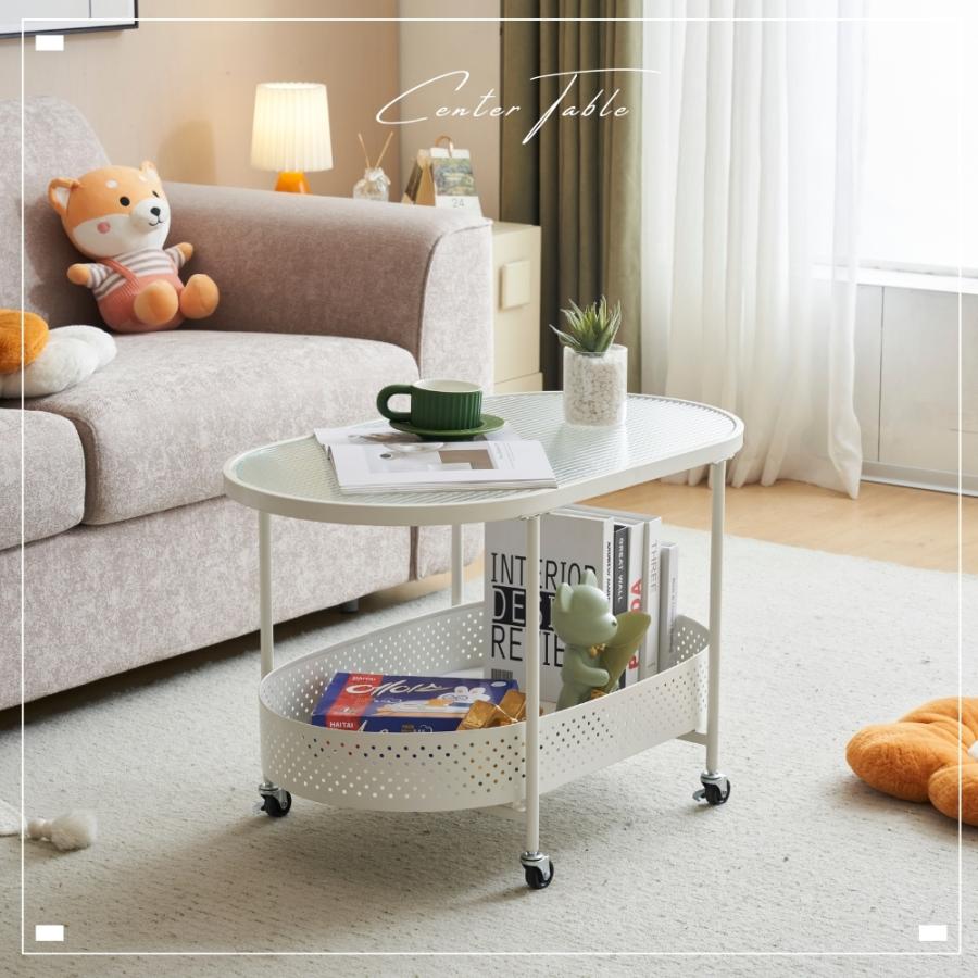 BTM センターテーブル ガラステーブル 収納付き キャスター付き