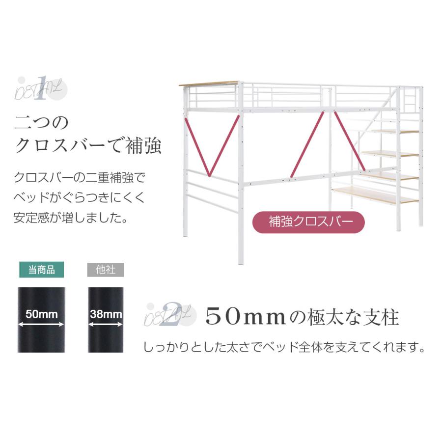 パイプ床板】ロフトベッド 階段付き パイプベッド セミダブル SD パイプ床板】ロフトベッド 階段付き パイプベッド セミダブル SD