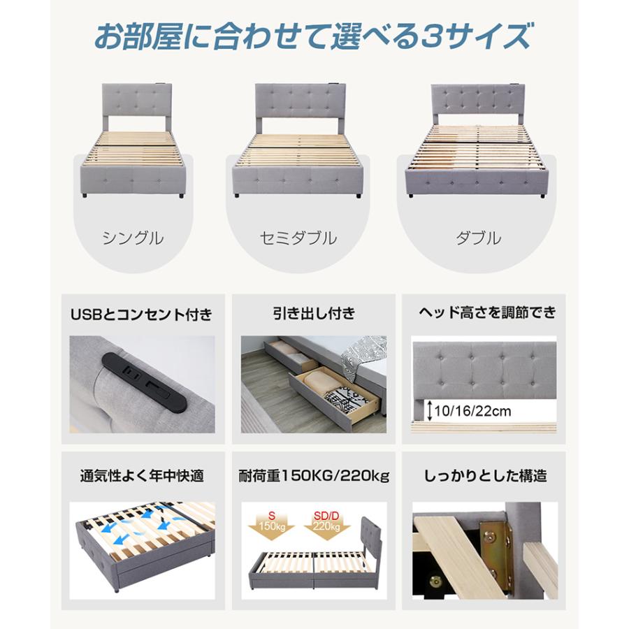 ファブリックベッド S ベッドフレームのみ シングル 引き出し付き