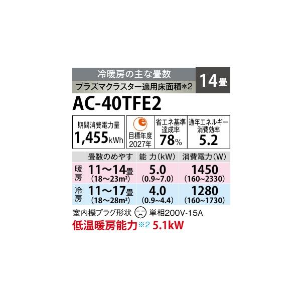 SHARP（シャープ） AC-40TFE2 エアコン 14畳 ルームエアコン FE