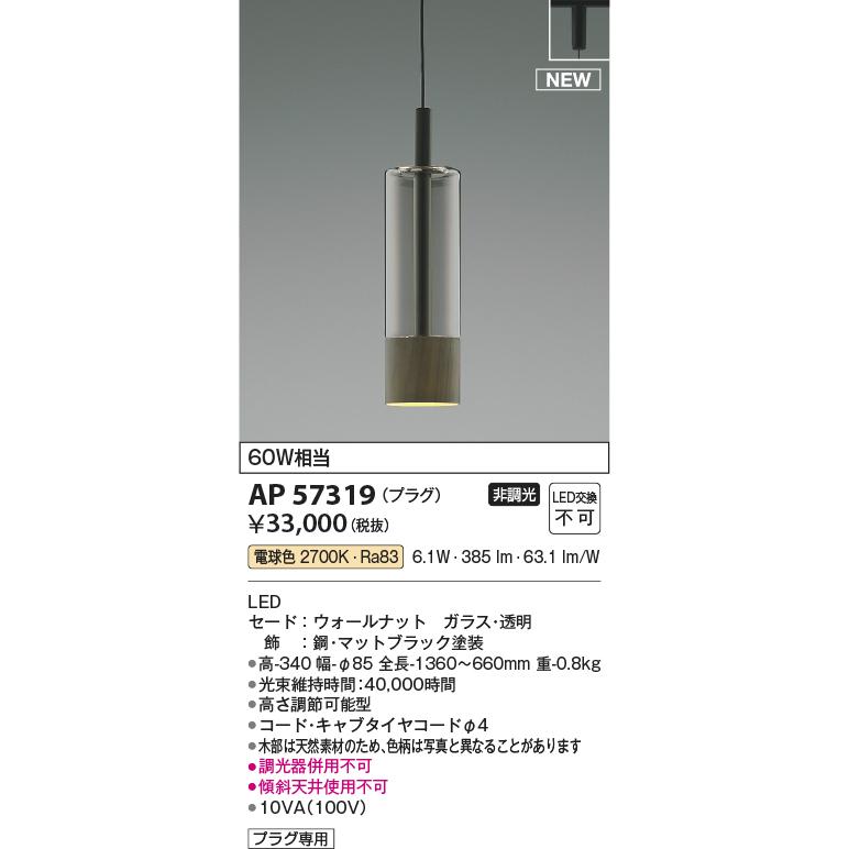 コイズミ照明 AP57319 ペンダント 非調光 電球色 プラグタイプ マットブラックの画像