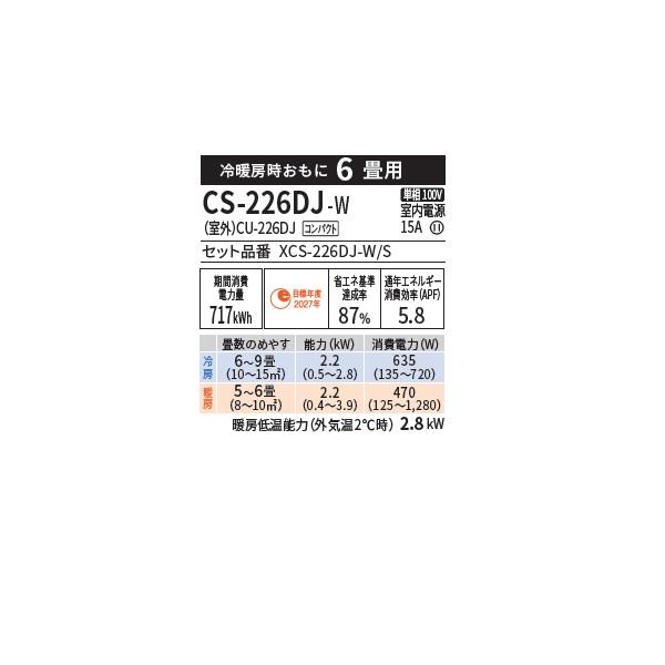 パナソニック 6畳用エアコン 2017年製 CS-22DFJ-W Panasonic（パナソニック） エアコン【CS-226DJ-W】Jシリーズ【主に6畳