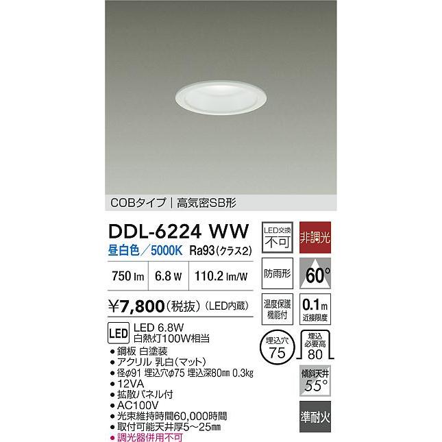 DAIKO LEDダウンライト DDL-6224WW 大光電機 大光電機(DAIKO) DDL-6224WW ダウンライト 埋込穴φ75 非調光