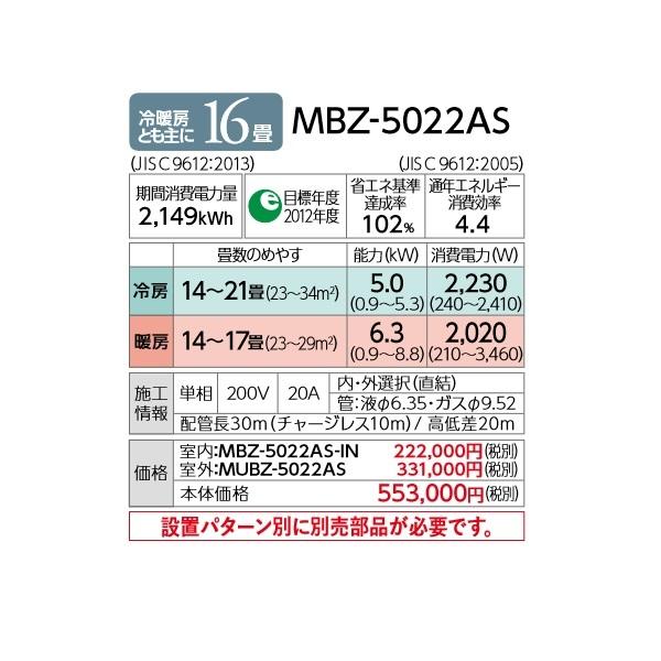 三菱電機 三菱 MBZ-5022AS ハウジングエアコン フリービルトイン
