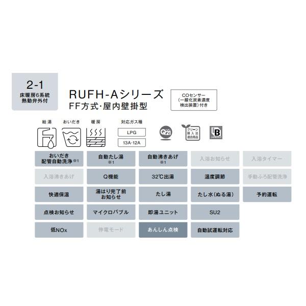 リンナイ【RUFH-A1610SAFF2-1(A) プロパン用】ガス給湯暖房熱源機 16号 オート 屋内壁掛型 15A リモコン別売の画像
