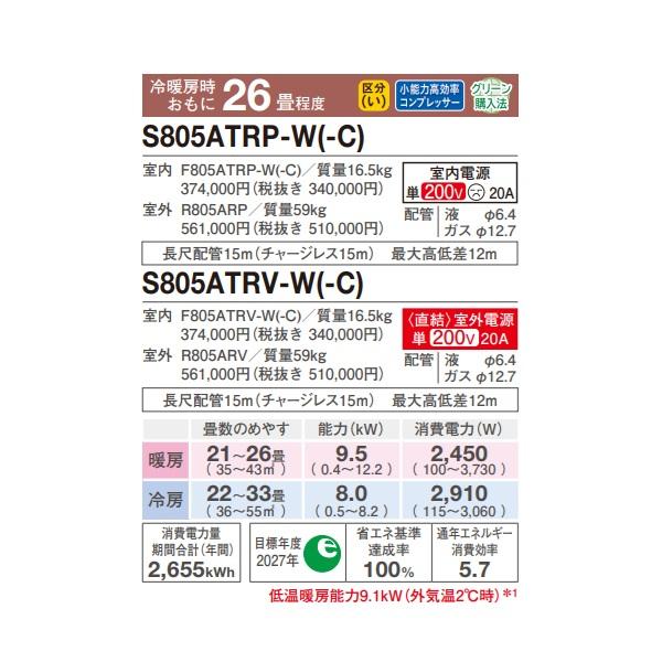 ダイキン S805ATRV-W エアコン 26畳 ルームエアコン RXシリーズ