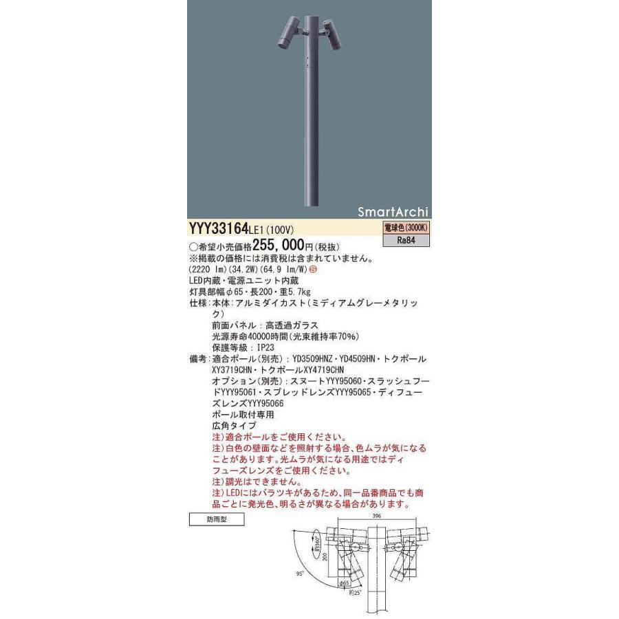 パナソニック　YYY33164LE1　スポットライト ポール別売 LED(電球色) ポール取付型 広角 2灯用 防雨型 SmartArchi パネル付型 グレーメタリック