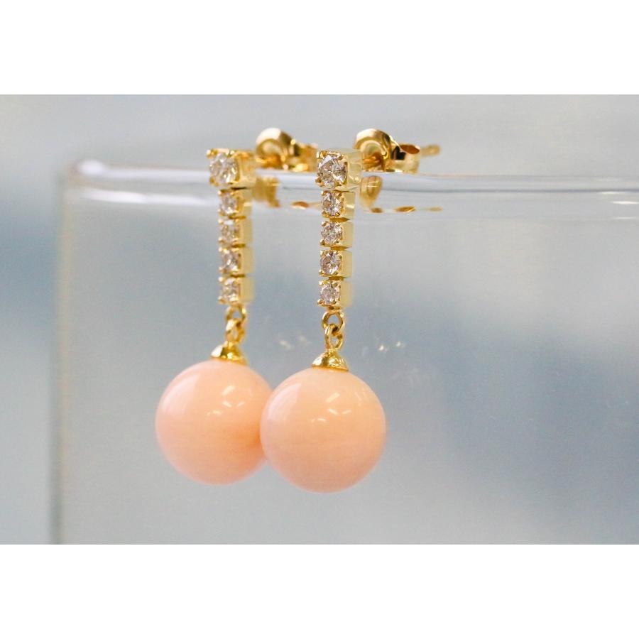 K18 ピンクサンゴ ダイヤモンド ピアス 0.22ct 揺れるデザイン 18金 イエローゴールド 天然珊瑚 日本製 アクセサリー 保証書付き Pink Coral Earrings Diamondの画像