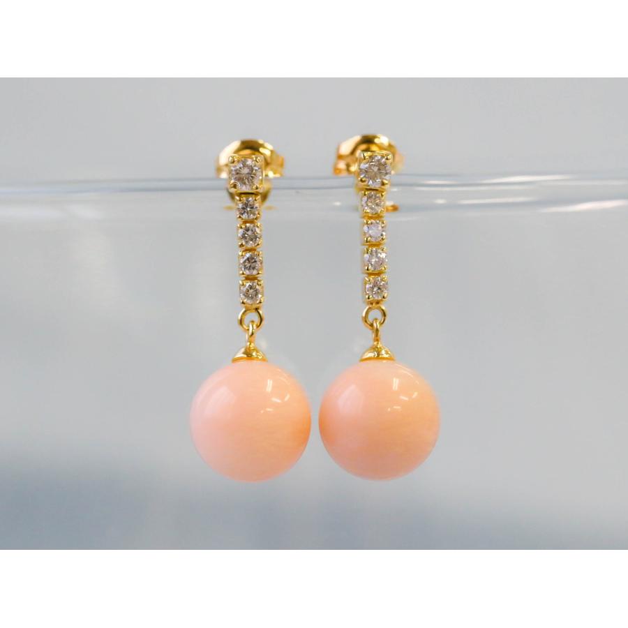 K18 ピンクサンゴ ダイヤモンド ピアス 0.22ct 揺れるデザイン 18金 イエローゴールド 天然珊瑚 日本製 アクセサリー 保証書付き Pink Coral Earrings Diamondの画像