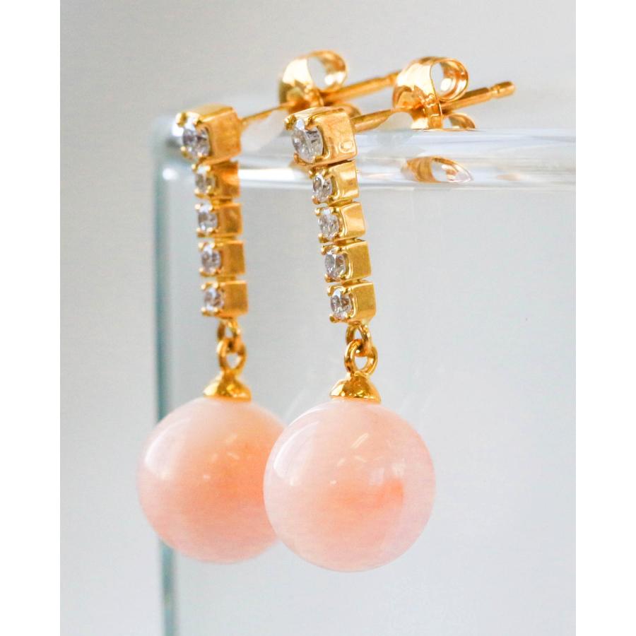 K18 ピンクサンゴ ダイヤモンド ピアス 0.22ct 揺れるデザイン 18金 イエローゴールド 天然珊瑚 日本製 アクセサリー 保証書付き Pink Coral Earrings Diamondの画像